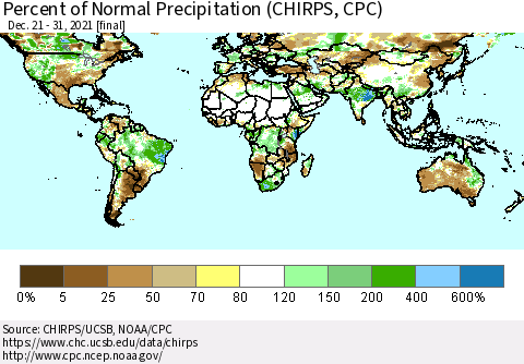 World Percent of Normal Precipitation (CHIRPS) Thematic Map For 12/21/2021 - 12/31/2021