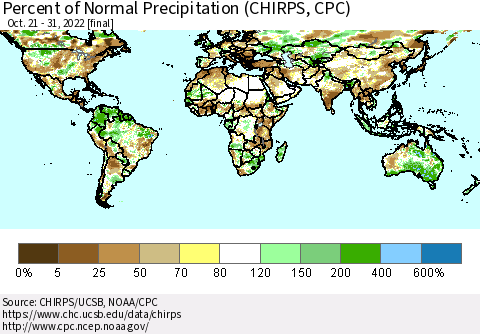 World Percent of Normal Precipitation (CHIRPS) Thematic Map For 10/21/2022 - 10/31/2022