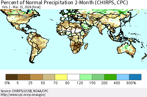 World Percent of Normal Precipitation 2-Month (CHIRPS) Thematic Map For 2/1/2024 - 3/31/2024