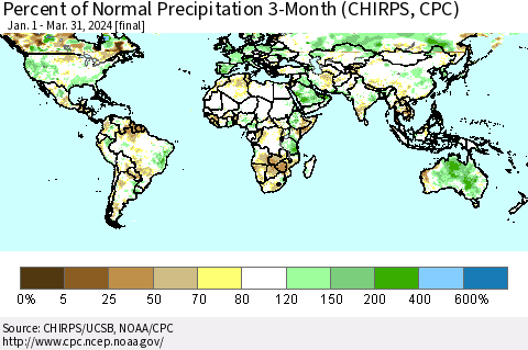 World Percent of Normal Precipitation 3-Month (CHIRPS) Thematic Map For 1/1/2024 - 3/31/2024
