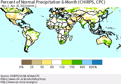 World Percent of Normal Precipitation 6-Month (CHIRPS) Thematic Map For 11/1/2021 - 4/30/2022