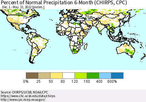 World Percent of Normal Precipitation 6-Month (CHIRPS) Thematic Map For 12/1/2021 - 5/31/2022