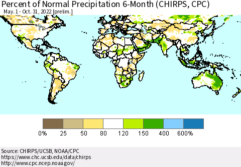 World Percent of Normal Precipitation 6-Month (CHIRPS) Thematic Map For 5/1/2022 - 10/31/2022
