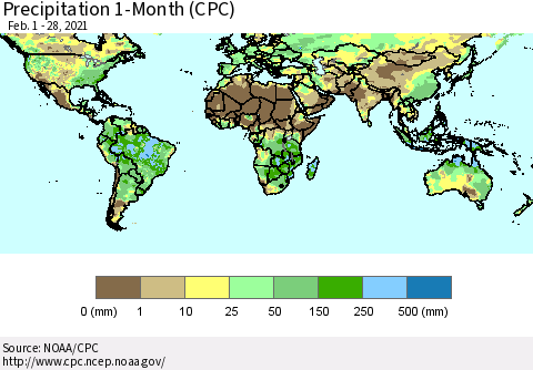 World Precipitation 1-Month (CPC) Thematic Map For 2/1/2021 - 2/28/2021