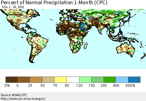 World Percent of Normal Precipitation 1-Month (CPC) Thematic Map For 2/1/2021 - 2/28/2021