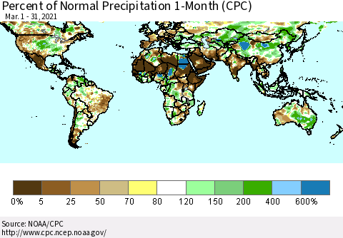 World Percent of Normal Precipitation 1-Month (CPC) Thematic Map For 3/1/2021 - 3/31/2021