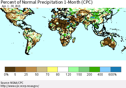 World Percent of Normal Precipitation 1-Month (CPC) Thematic Map For 4/1/2021 - 4/30/2021