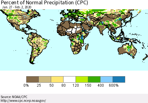 World Percent of Normal Precipitation (CPC) Thematic Map For 1/27/2020 - 2/2/2020