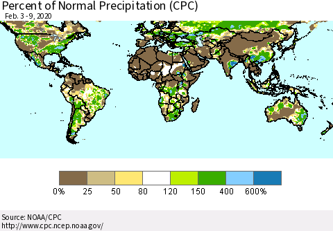 World Percent of Normal Precipitation (CPC) Thematic Map For 2/3/2020 - 2/9/2020