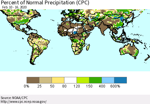 World Percent of Normal Precipitation (CPC) Thematic Map For 2/10/2020 - 2/16/2020