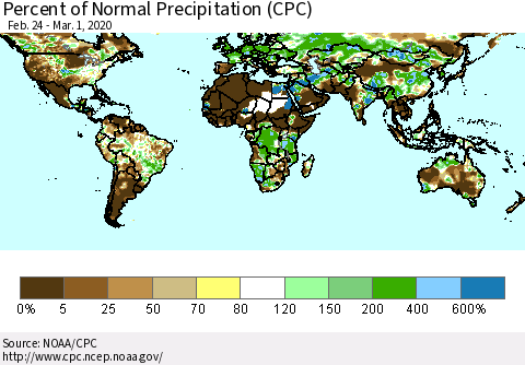 World Percent of Normal Precipitation (CPC) Thematic Map For 2/24/2020 - 3/1/2020