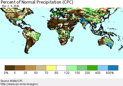 World Percent of Normal Precipitation (CPC) Thematic Map For 3/2/2020 - 3/8/2020