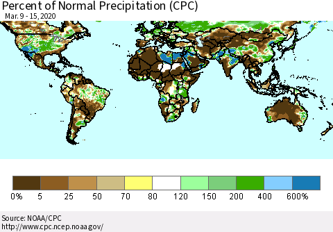 World Percent of Normal Precipitation (CPC) Thematic Map For 3/9/2020 - 3/15/2020
