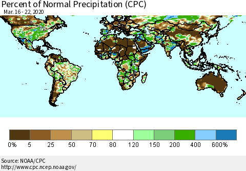 World Percent of Normal Precipitation (CPC) Thematic Map For 3/16/2020 - 3/22/2020