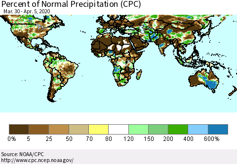 World Percent of Normal Precipitation (CPC) Thematic Map For 3/30/2020 - 4/5/2020