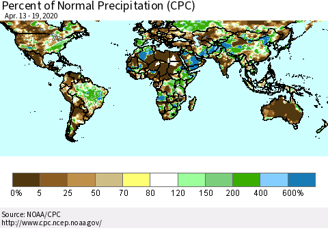 World Percent of Normal Precipitation (CPC) Thematic Map For 4/13/2020 - 4/19/2020