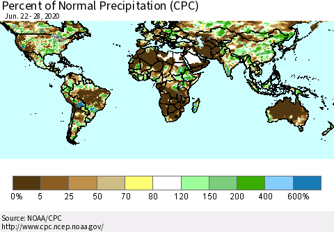 World Percent of Normal Precipitation (CPC) Thematic Map For 6/22/2020 - 6/28/2020
