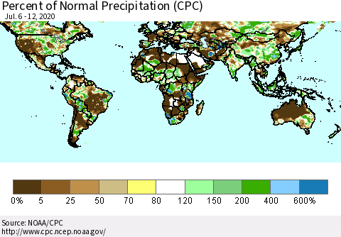 World Percent of Normal Precipitation (CPC) Thematic Map For 7/6/2020 - 7/12/2020