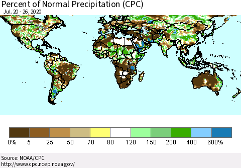 World Percent of Normal Precipitation (CPC) Thematic Map For 7/20/2020 - 7/26/2020