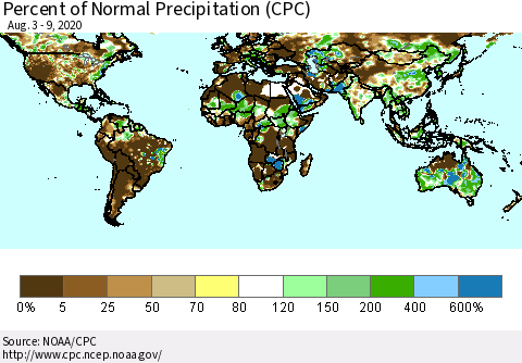 World Percent of Normal Precipitation (CPC) Thematic Map For 8/3/2020 - 8/9/2020