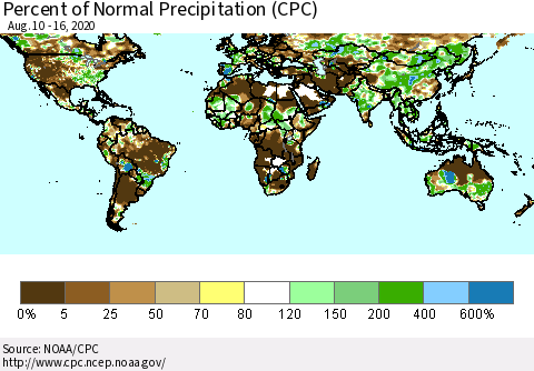World Percent of Normal Precipitation (CPC) Thematic Map For 8/10/2020 - 8/16/2020
