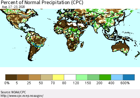 World Percent of Normal Precipitation (CPC) Thematic Map For 8/17/2020 - 8/23/2020