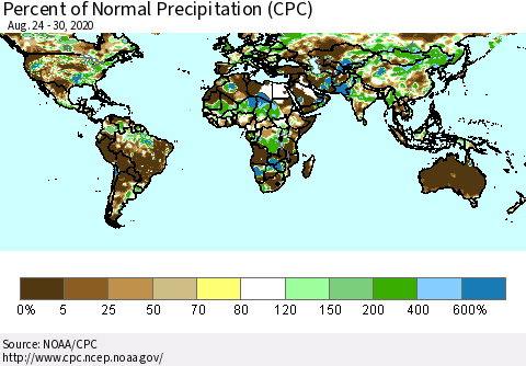World Percent of Normal Precipitation (CPC) Thematic Map For 8/24/2020 - 8/30/2020
