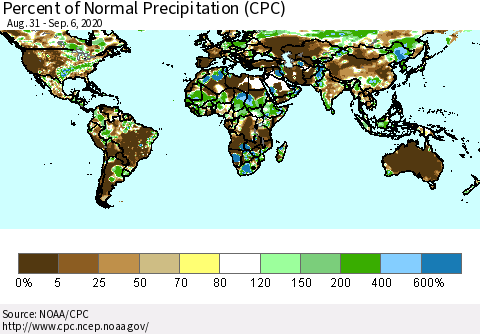 World Percent of Normal Precipitation (CPC) Thematic Map For 8/31/2020 - 9/6/2020