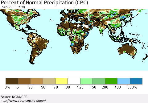 World Percent of Normal Precipitation (CPC) Thematic Map For 9/7/2020 - 9/13/2020