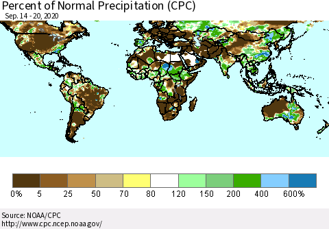 World Percent of Normal Precipitation (CPC) Thematic Map For 9/14/2020 - 9/20/2020