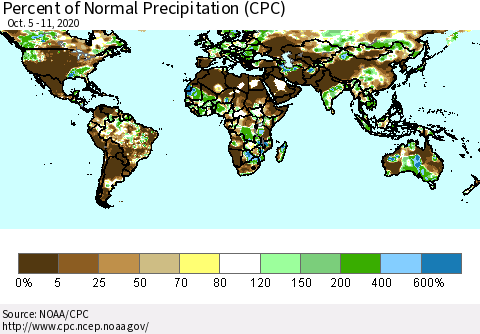 World Percent of Normal Precipitation (CPC) Thematic Map For 10/5/2020 - 10/11/2020