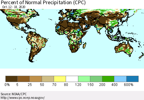 World Percent of Normal Precipitation (CPC) Thematic Map For 10/12/2020 - 10/18/2020