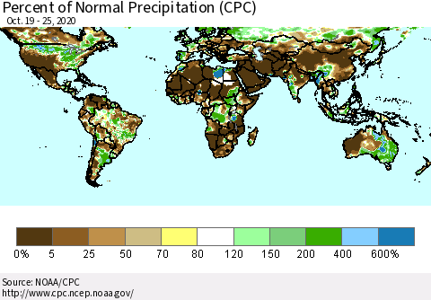 World Percent of Normal Precipitation (CPC) Thematic Map For 10/19/2020 - 10/25/2020