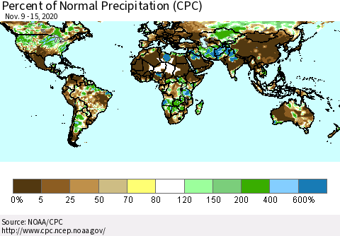 World Percent of Normal Precipitation (CPC) Thematic Map For 11/9/2020 - 11/15/2020