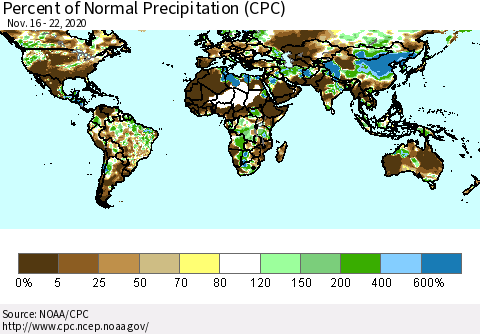World Percent of Normal Precipitation (CPC) Thematic Map For 11/16/2020 - 11/22/2020