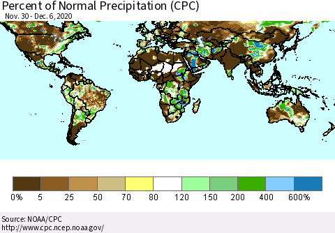 World Percent of Normal Precipitation (CPC) Thematic Map For 11/30/2020 - 12/6/2020