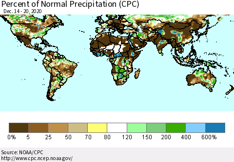 World Percent of Normal Precipitation (CPC) Thematic Map For 12/14/2020 - 12/20/2020