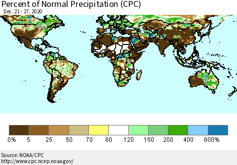 World Percent of Normal Precipitation (CPC) Thematic Map For 12/21/2020 - 12/27/2020