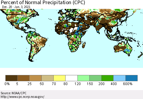 World Percent of Normal Precipitation (CPC) Thematic Map For 12/28/2020 - 1/3/2021