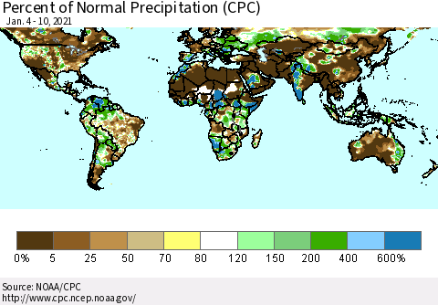 World Percent of Normal Precipitation (CPC) Thematic Map For 1/4/2021 - 1/10/2021