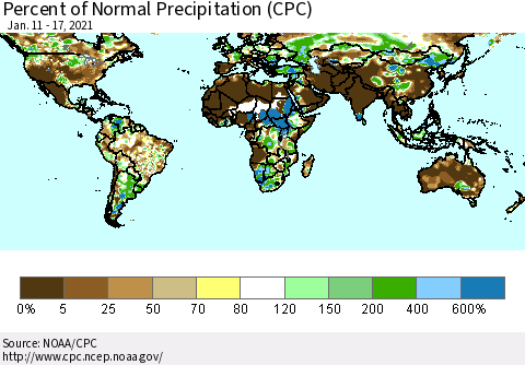 World Percent of Normal Precipitation (CPC) Thematic Map For 1/11/2021 - 1/17/2021