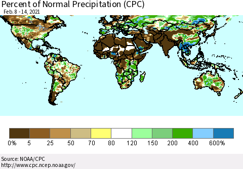 World Percent of Normal Precipitation (CPC) Thematic Map For 2/8/2021 - 2/14/2021