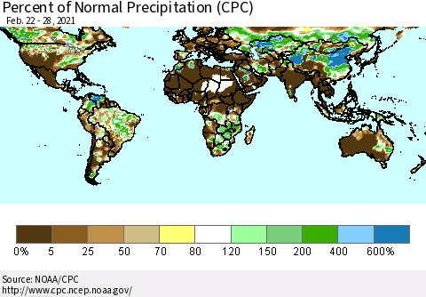 World Percent of Normal Precipitation (CPC) Thematic Map For 2/22/2021 - 2/28/2021