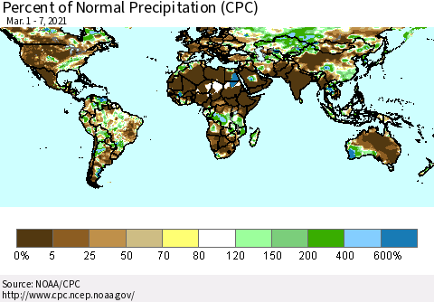 World Percent of Normal Precipitation (CPC) Thematic Map For 3/1/2021 - 3/7/2021
