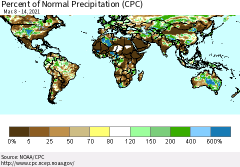 World Percent of Normal Precipitation (CPC) Thematic Map For 3/8/2021 - 3/14/2021