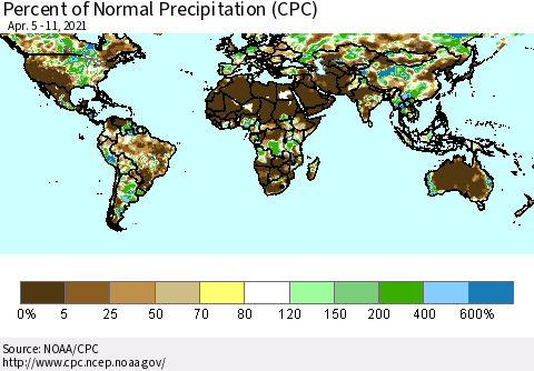 World Percent of Normal Precipitation (CPC) Thematic Map For 4/5/2021 - 4/11/2021