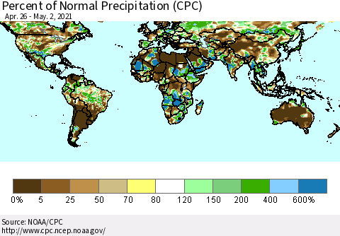 World Percent of Normal Precipitation (CPC) Thematic Map For 4/26/2021 - 5/2/2021