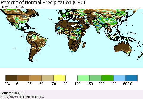 World Percent of Normal Precipitation (CPC) Thematic Map For 5/10/2021 - 5/16/2021