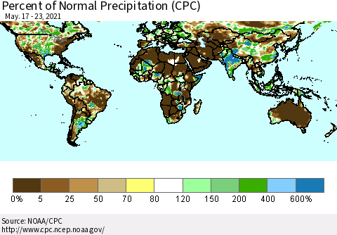 World Percent of Normal Precipitation (CPC) Thematic Map For 5/17/2021 - 5/23/2021