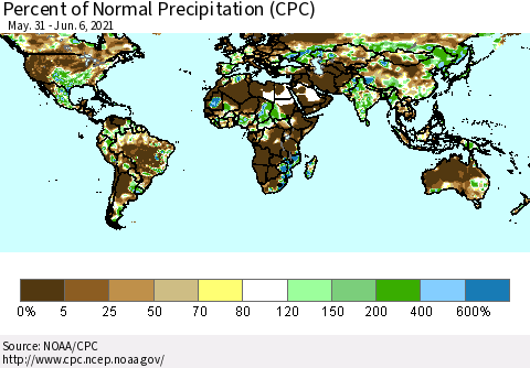 World Percent of Normal Precipitation (CPC) Thematic Map For 5/31/2021 - 6/6/2021